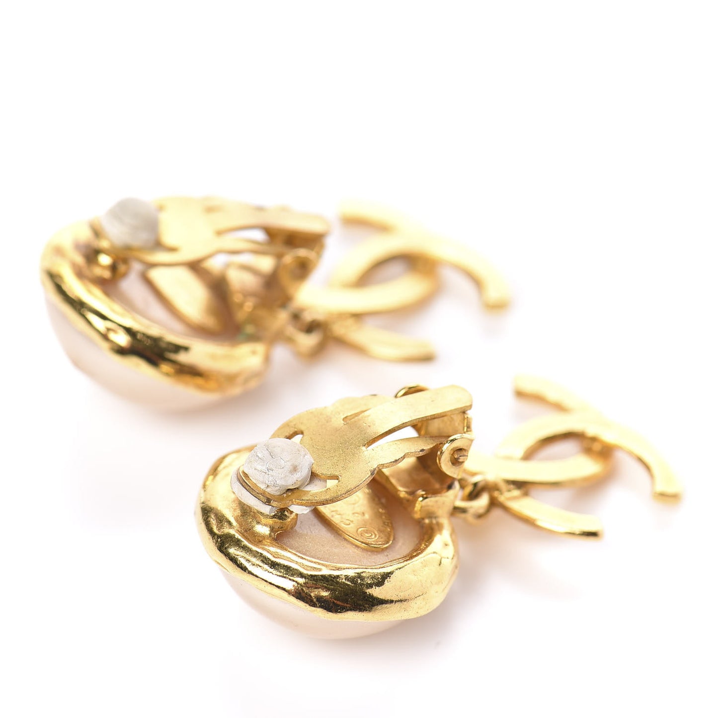 Pearl CC Dangle Clip On Earrings Gold