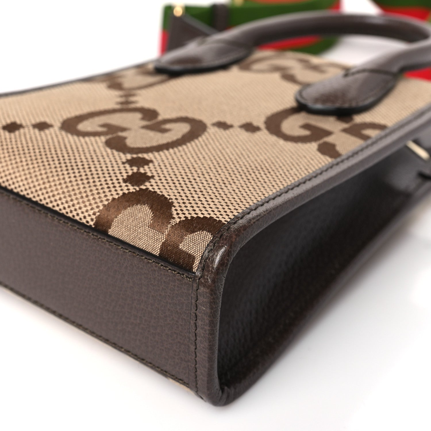 Gucci Monogram Jumbo GG Textured Dollar Calfskin Web Mini Vertical Tote Camel Ebony New Acero 8 of 8