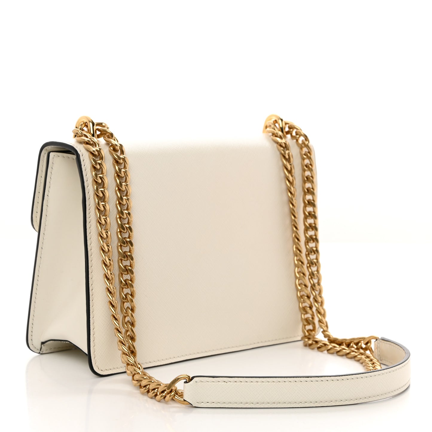 Saffiano Soft Calfskin Metal Triangle Logo Envelope Chain Shoulder Bag White