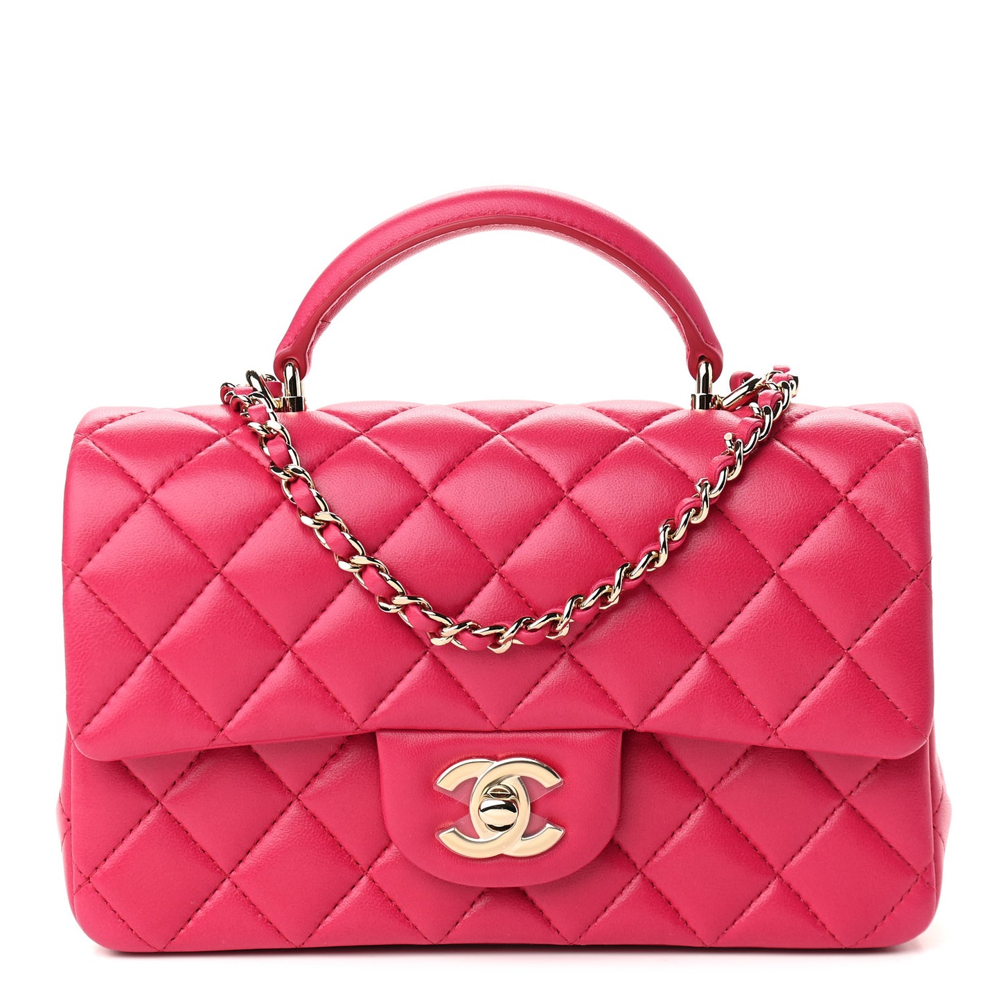 Lambskin Quilted Mini Top Handle Rectangular Flap Dark Pink