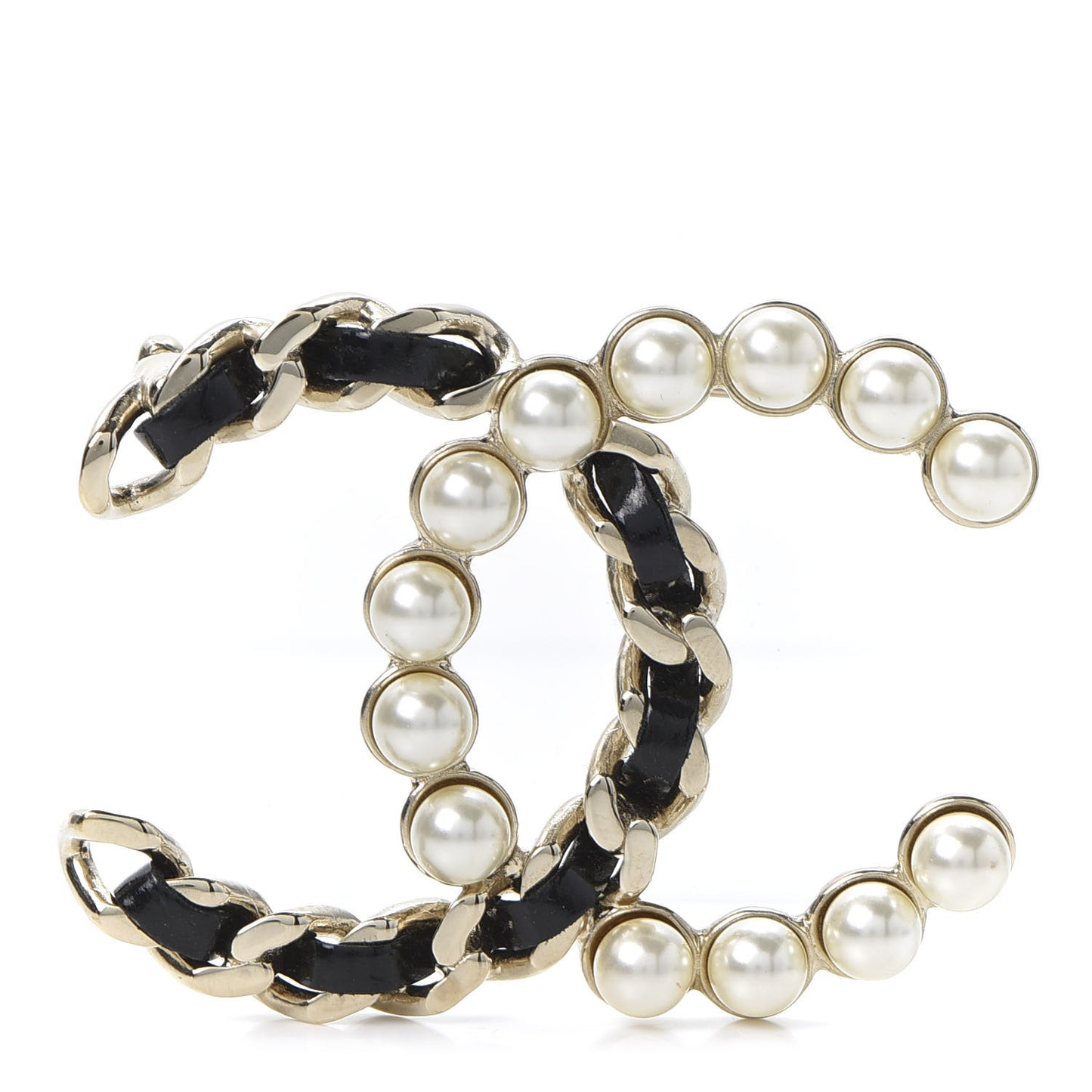 Lambskin Pearl CC Chain Brooch Black Gold