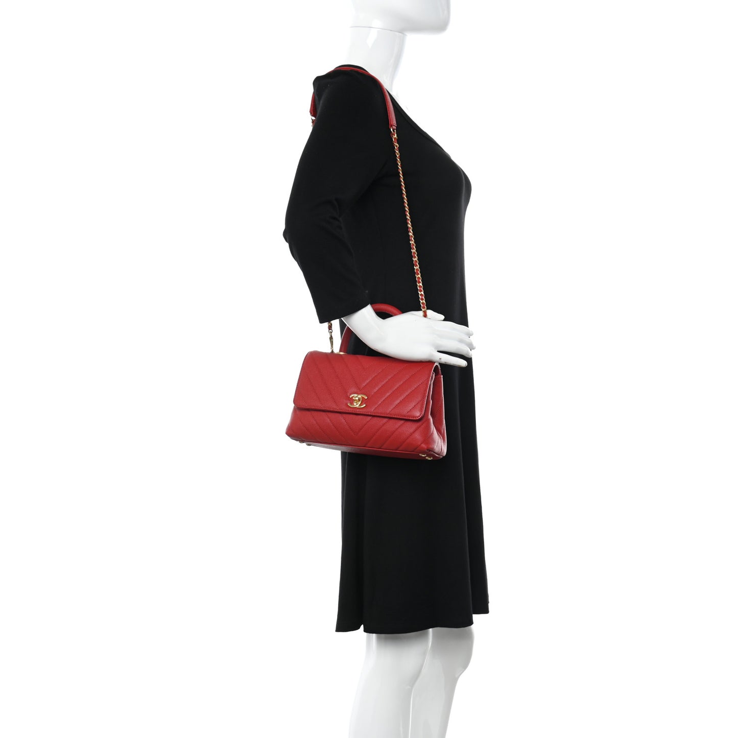 Caviar Chevron Quilted Mini Coco Handle Flap Red