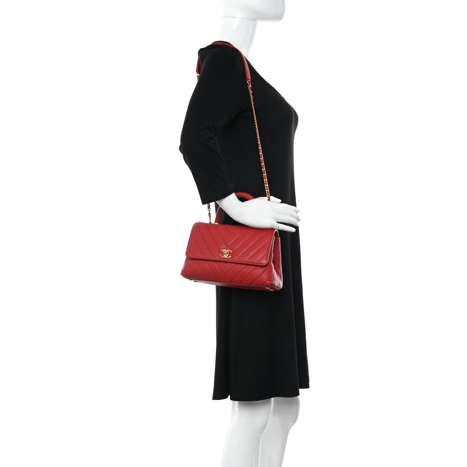 Chanel Caviar Chevron Quilted Mini Coco Handle Flap Red 2 of 10