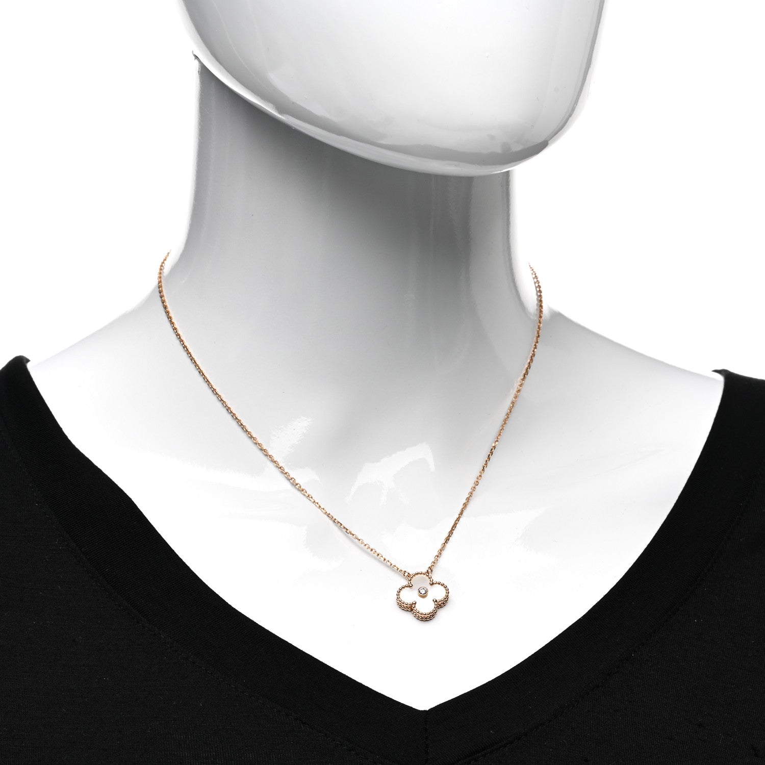 Van Cleef & Arpels 18K Rose Gold Diamond Mother of Pearl Vintage Alhambra Pendant Necklace 2 of 5