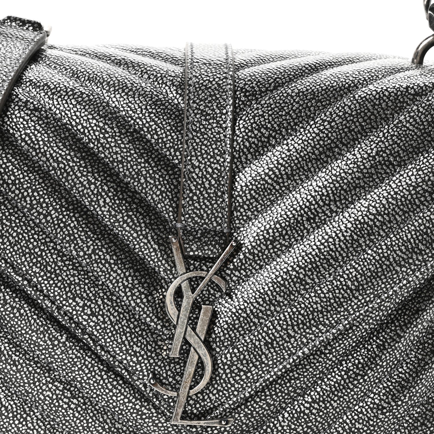 Saint Laurent Metallic Grain De Poudre Matelasse Chevron Monogram Medium College Bag Gunmetal 8 of 10