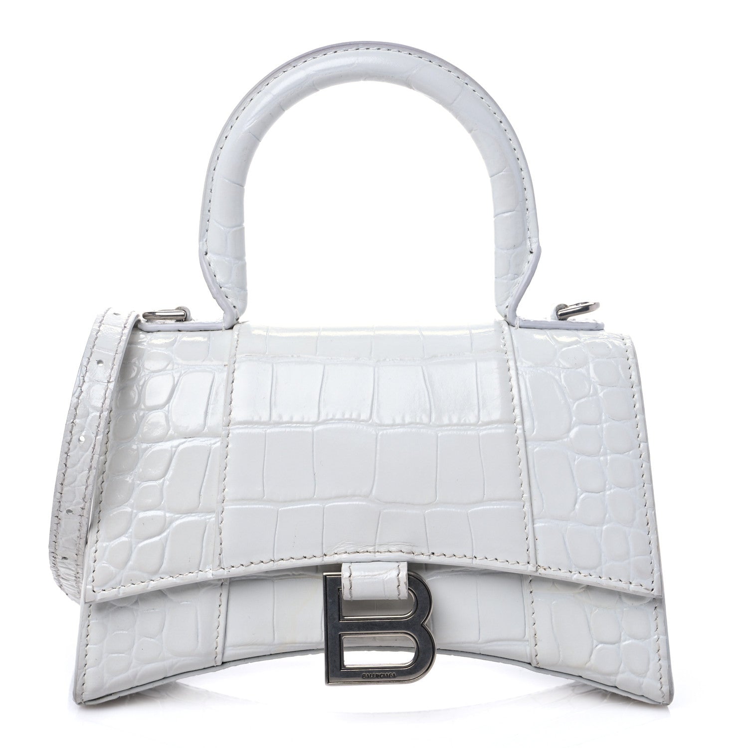 Balenciaga Shiny Calfskin Crocodile Embossed Hourglass Top Handle Bag XS White 1 of 7