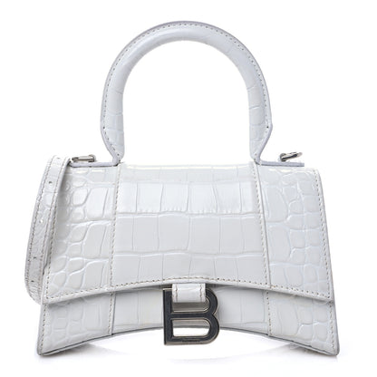 Balenciaga Shiny Calfskin Crocodile Embossed Hourglass Top Handle Bag XS White 1 of 7