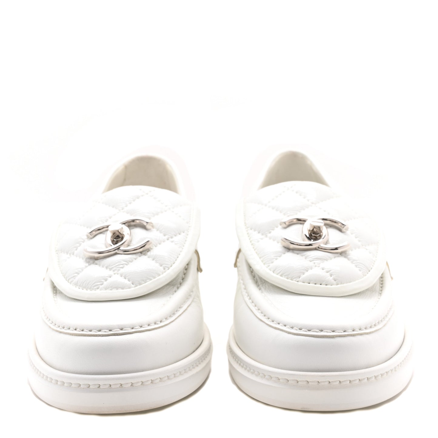 Shiny Lambskin Quilted CC Turnlock Loafers 37 White