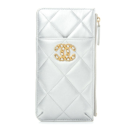 Chanel Metallic Goatskin Quilted Chanel 19 Flat Wallet Pouch Silver 1 of 10