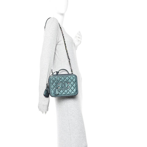 Iridescent Caviar Quilted Medium CC Filigree Vanity Case Dark Turquoise