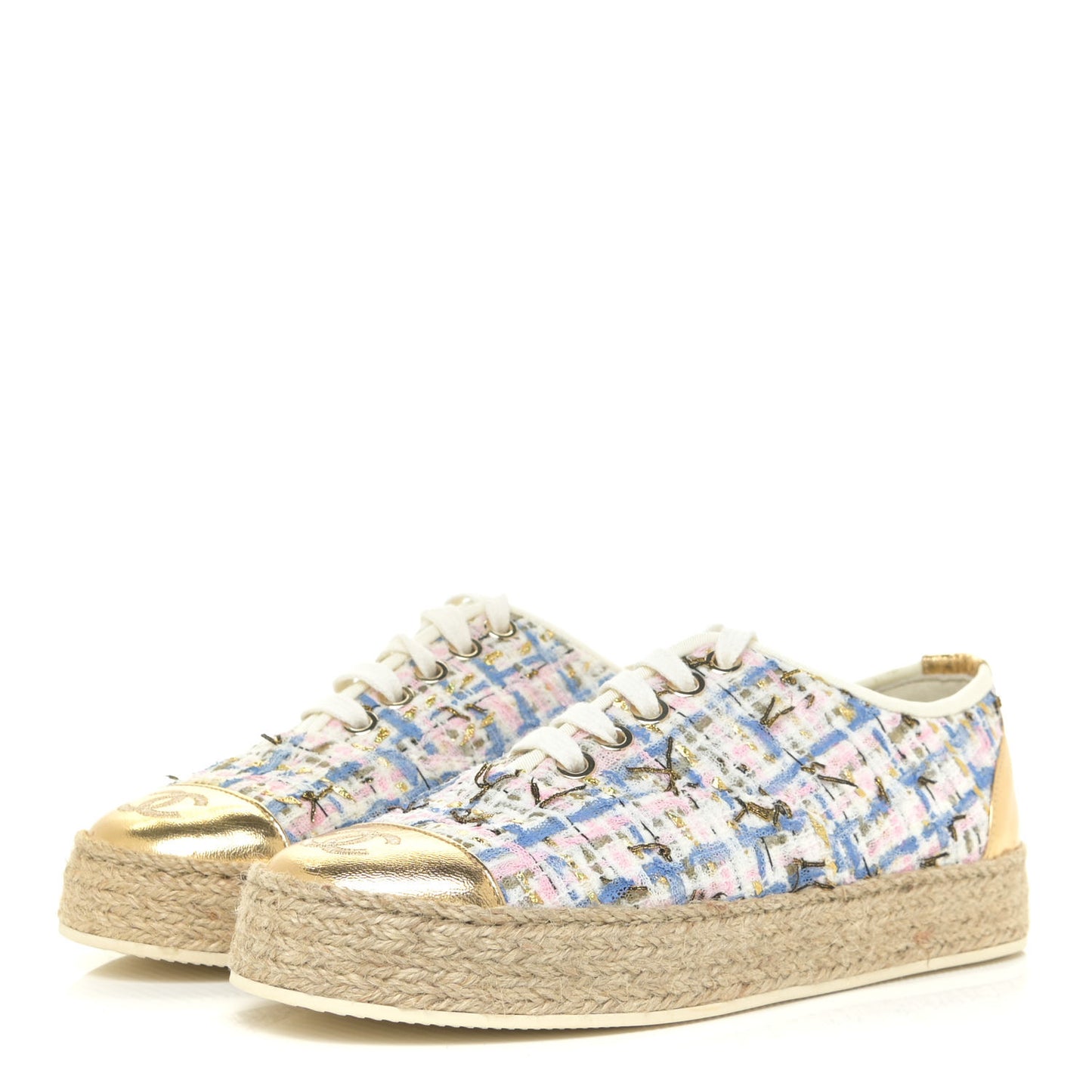 Tweed Laminated Lambskin Lace Up Espadrilles 35 Pink Blue Gold White