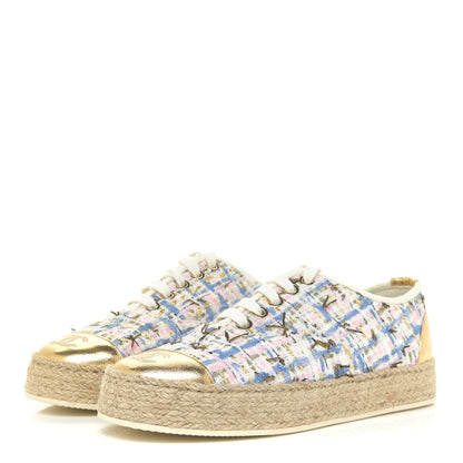 Chanel Tweed Laminated Lambskin Lace Up Espadrilles 35 Pink Blue Gold White 3 of 13