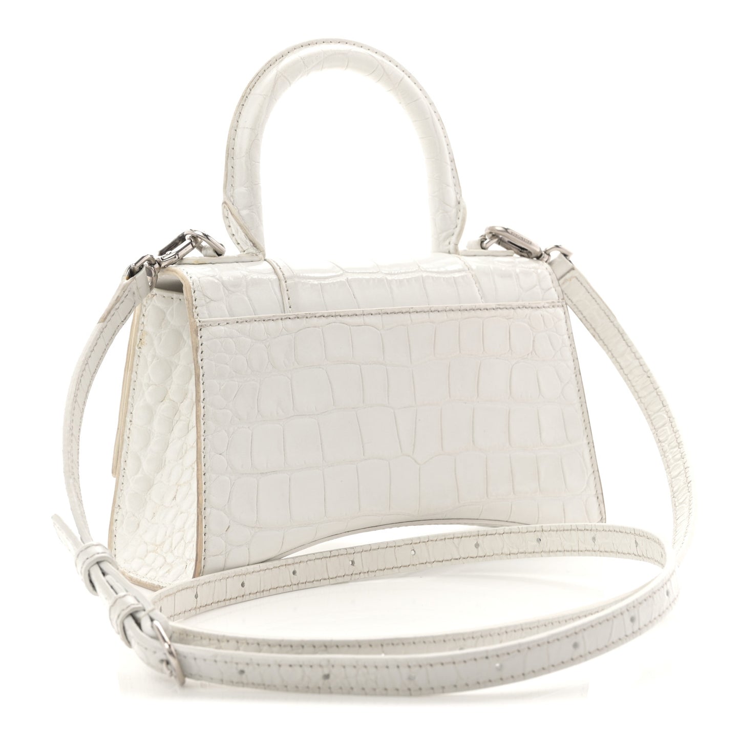 Shiny Calfskin Crocodile Embossed Hourglass Top Handle Bag XS White