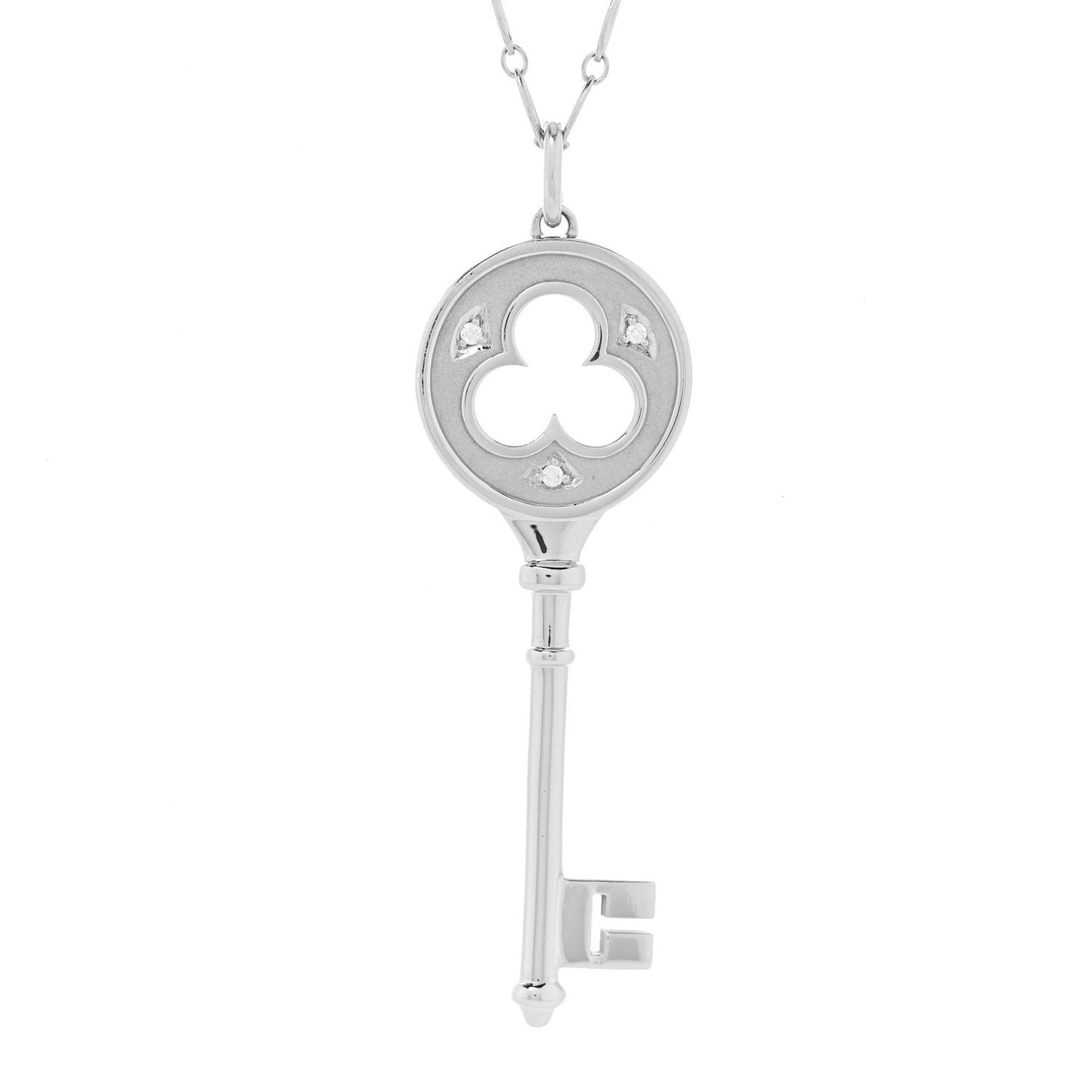 18K White Gold Diamond Clover Key Pendant Link Necklace