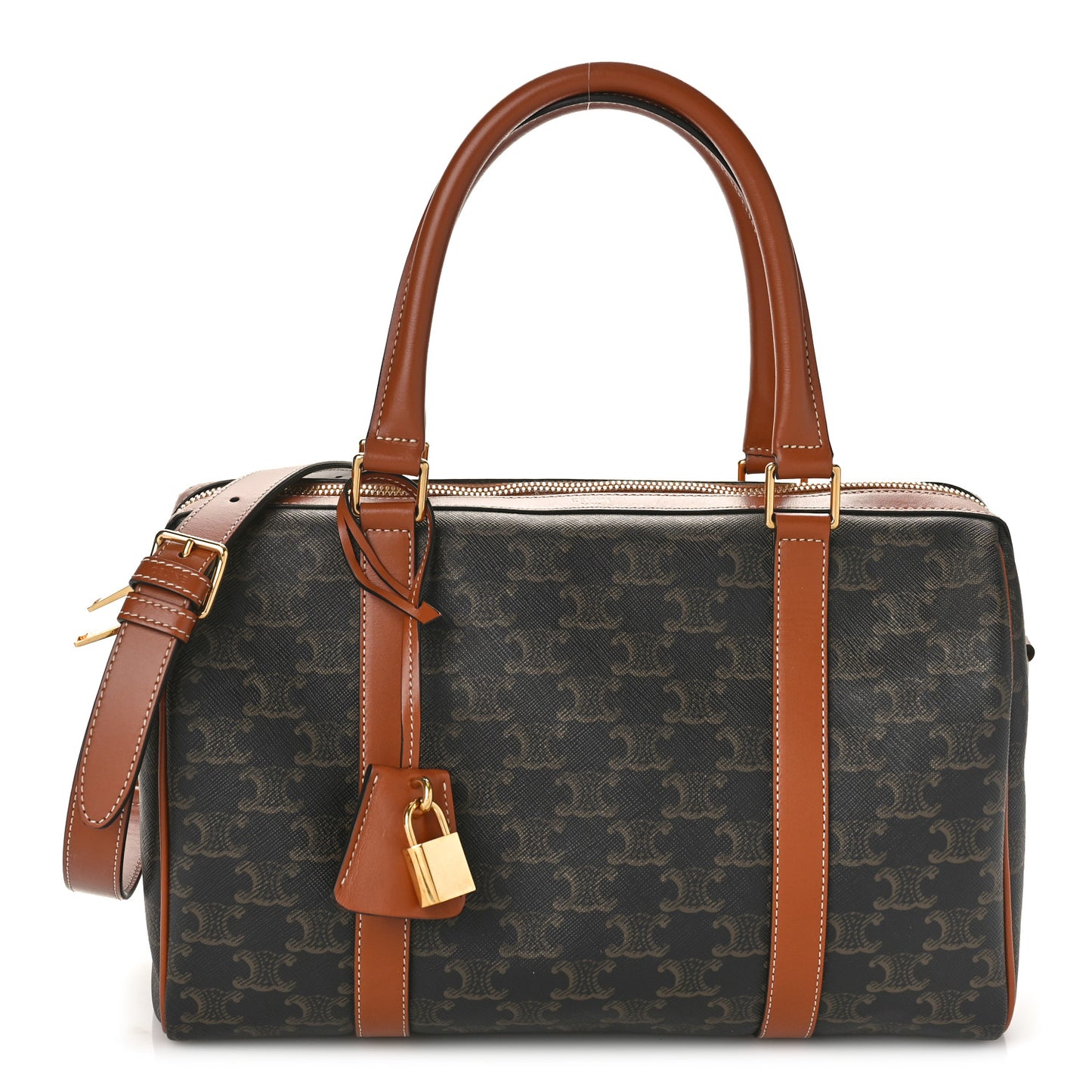 Triomphe Canvas Calfskin Boston Bag Tan