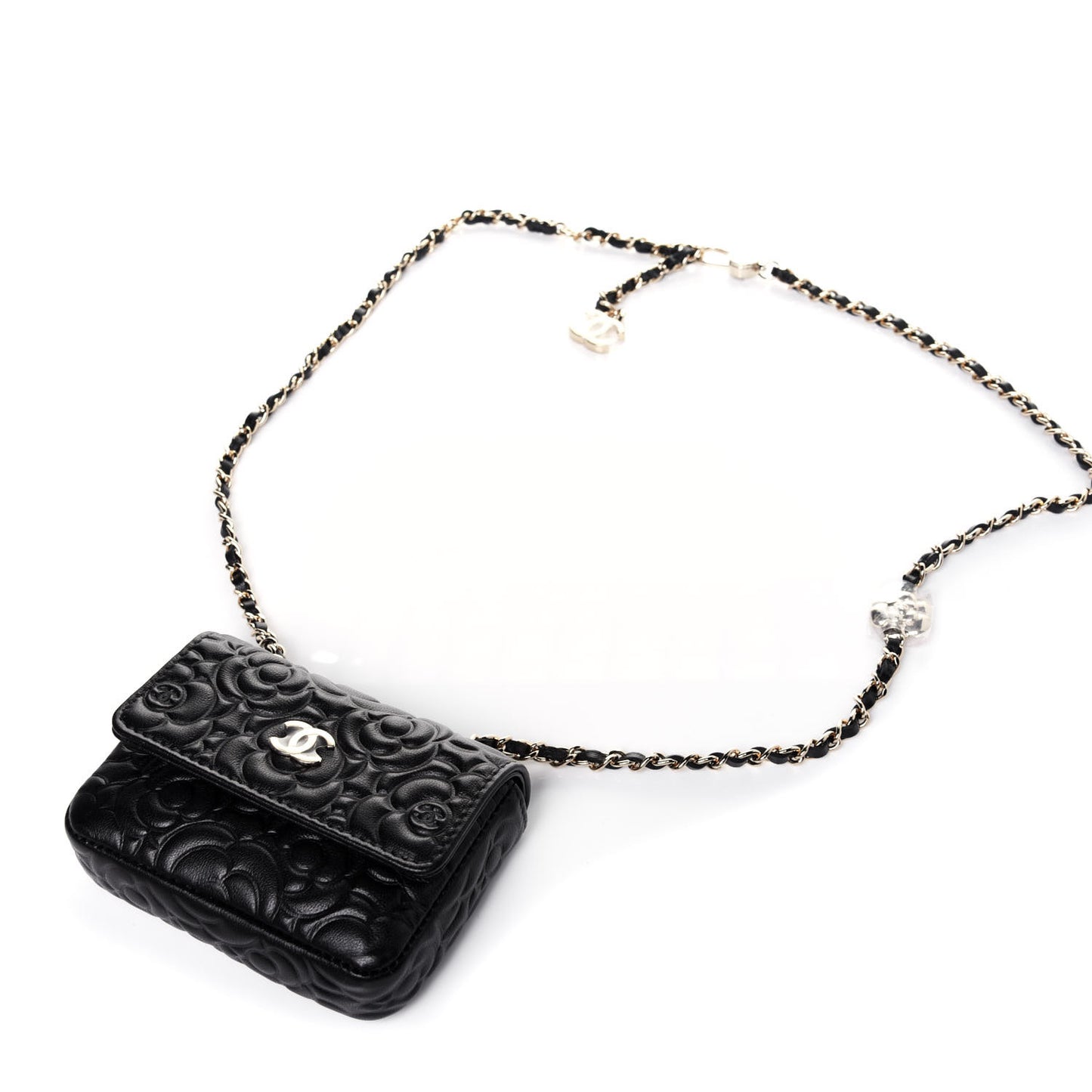 Lambskin Camellia Embossed Chain Belt Bag Black