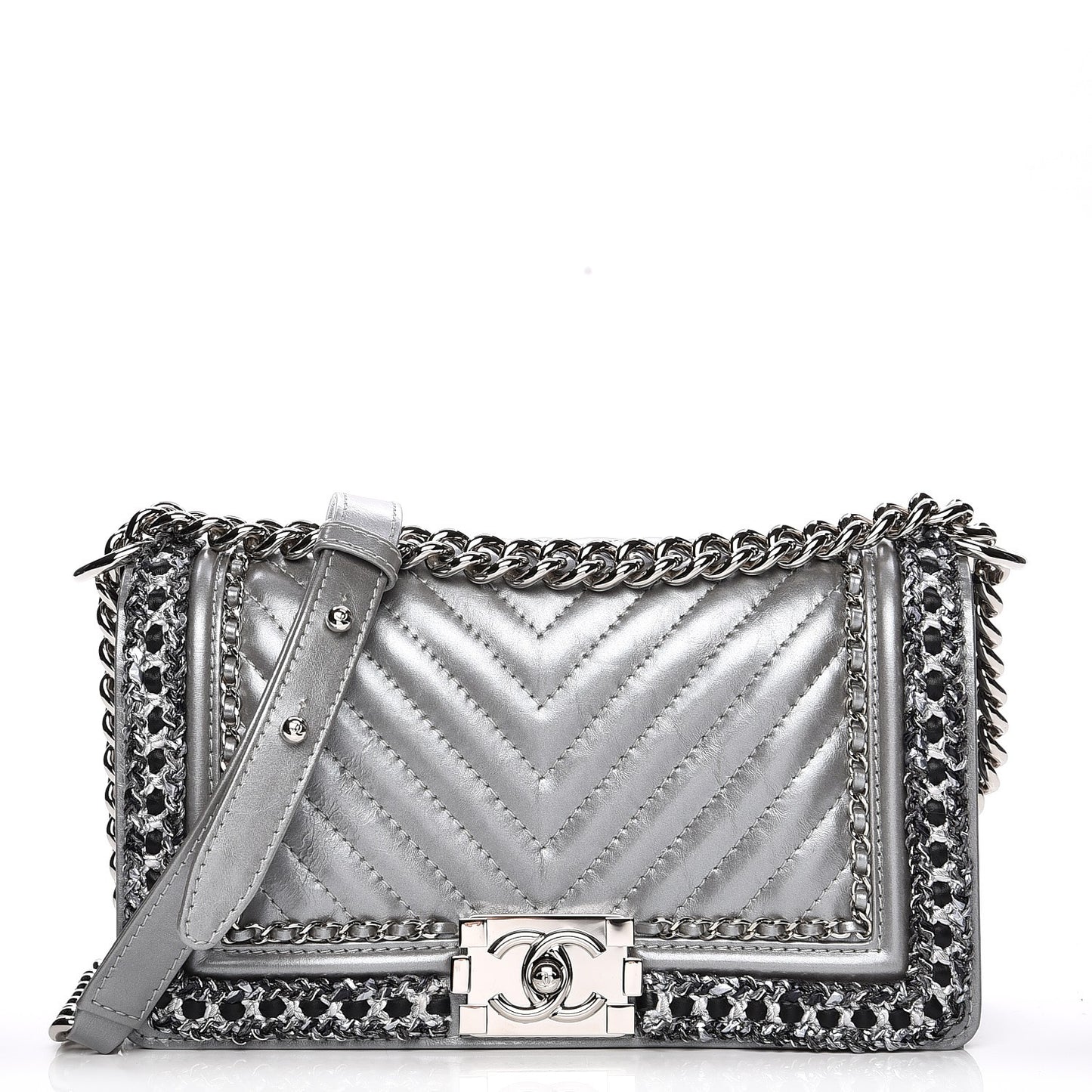 Metallic Calfskin Chevron Quilted Medium Boy Chained Flap Silver