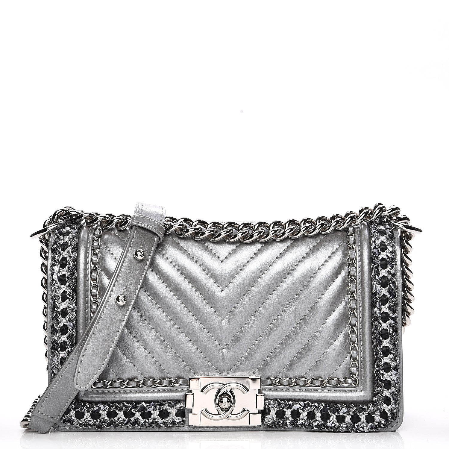 Chanel Metallic Calfskin Chevron Quilted Medium Boy Chained Flap Silver 1 of 10