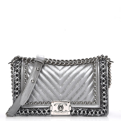 Chanel Metallic Calfskin Chevron Quilted Medium Boy Chained Flap Silver 1 of 10