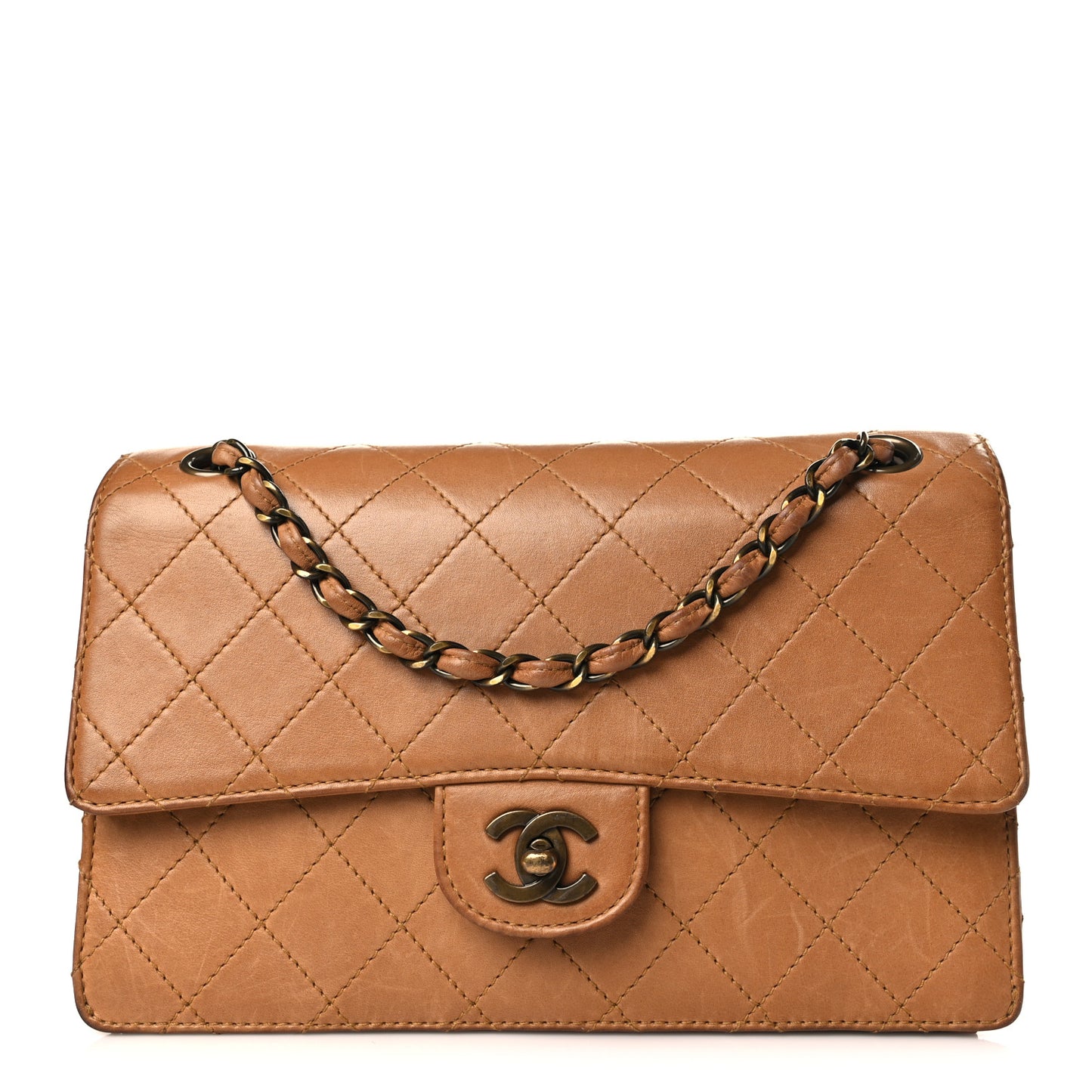 Calfskin Stitched Medium Single Flap Brown