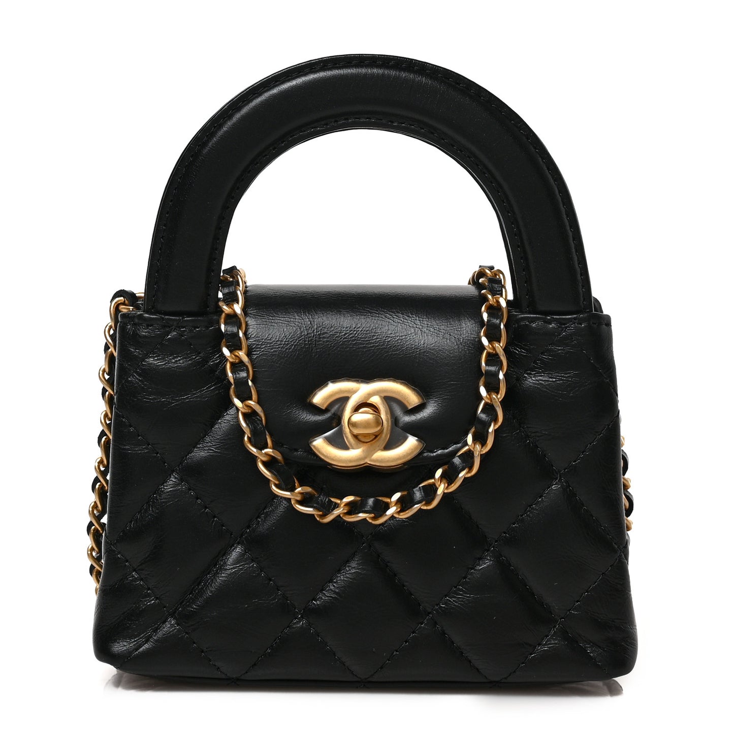 Shiny Aged Calfskin Quilted Mini Nano Kelly Shopper Black