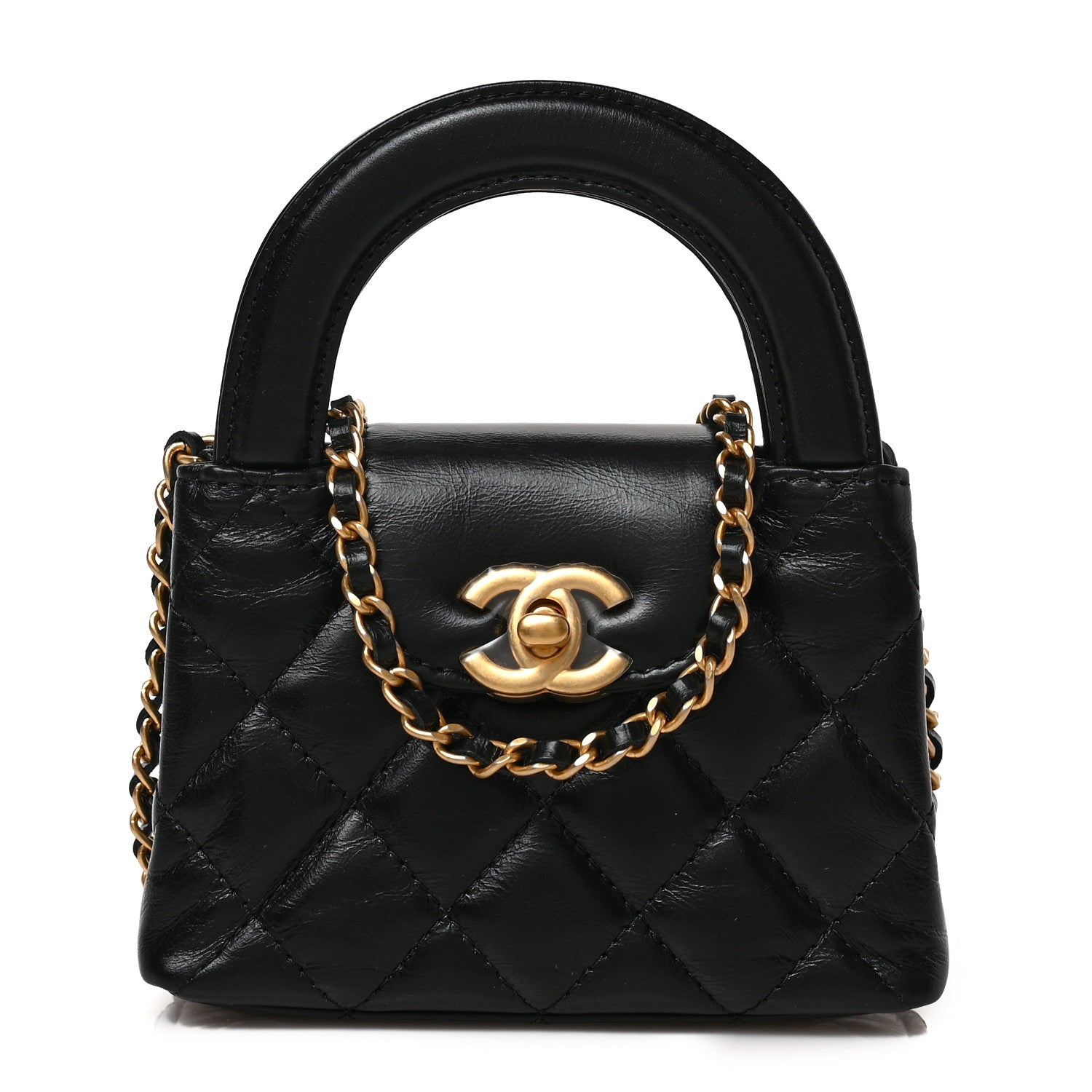 Chanel Shiny Aged Calfskin Quilted Mini Nano Kelly Shopper Black 1 of 8