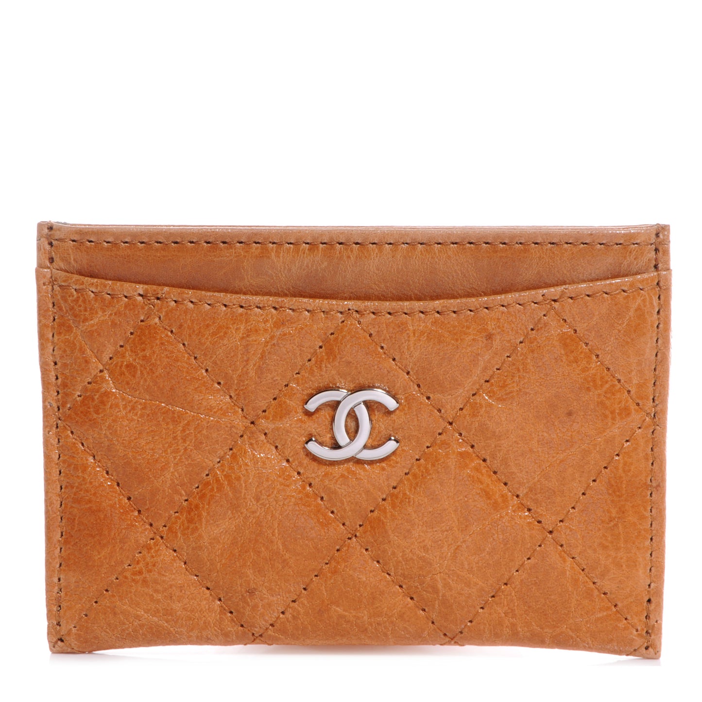 Glazed Calfskin Quilted Card Holder Light Brown