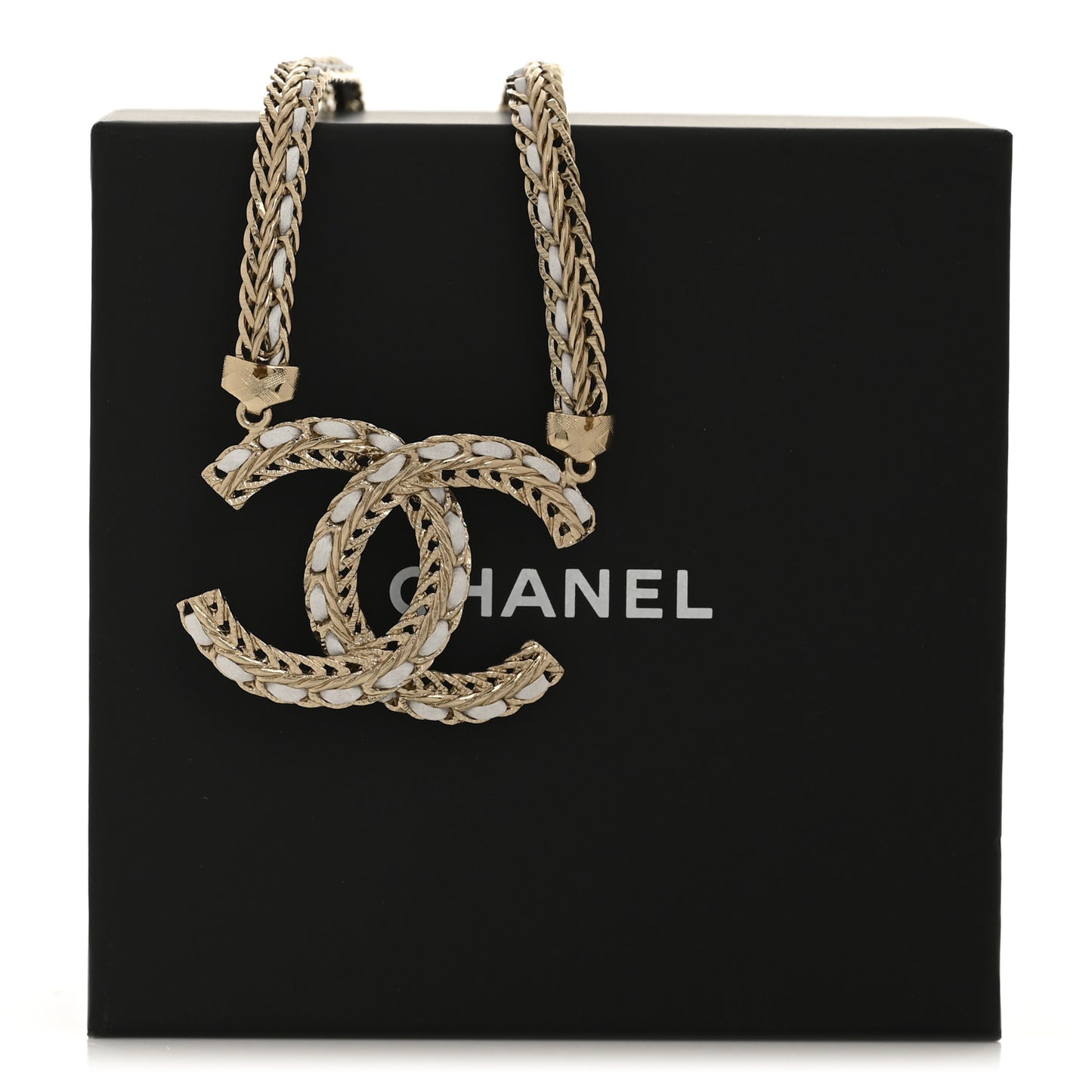 Metal Lambskin CC Chain Necklace Gold White
