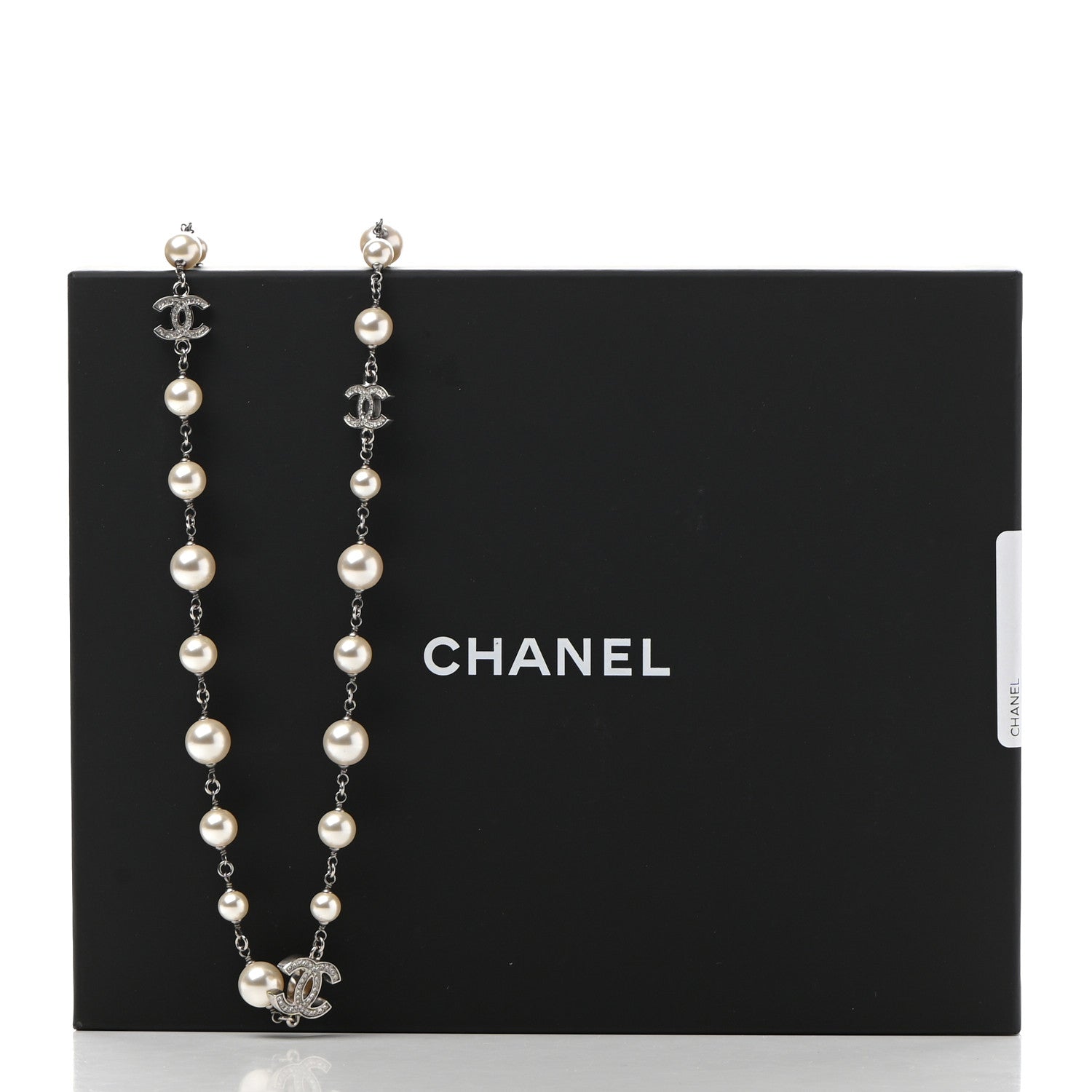 Chanel Graduated Pearl Crystal CC Long Necklace Silver 7 of 7