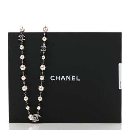 Chanel Graduated Pearl Crystal CC Long Necklace Silver 7 of 7