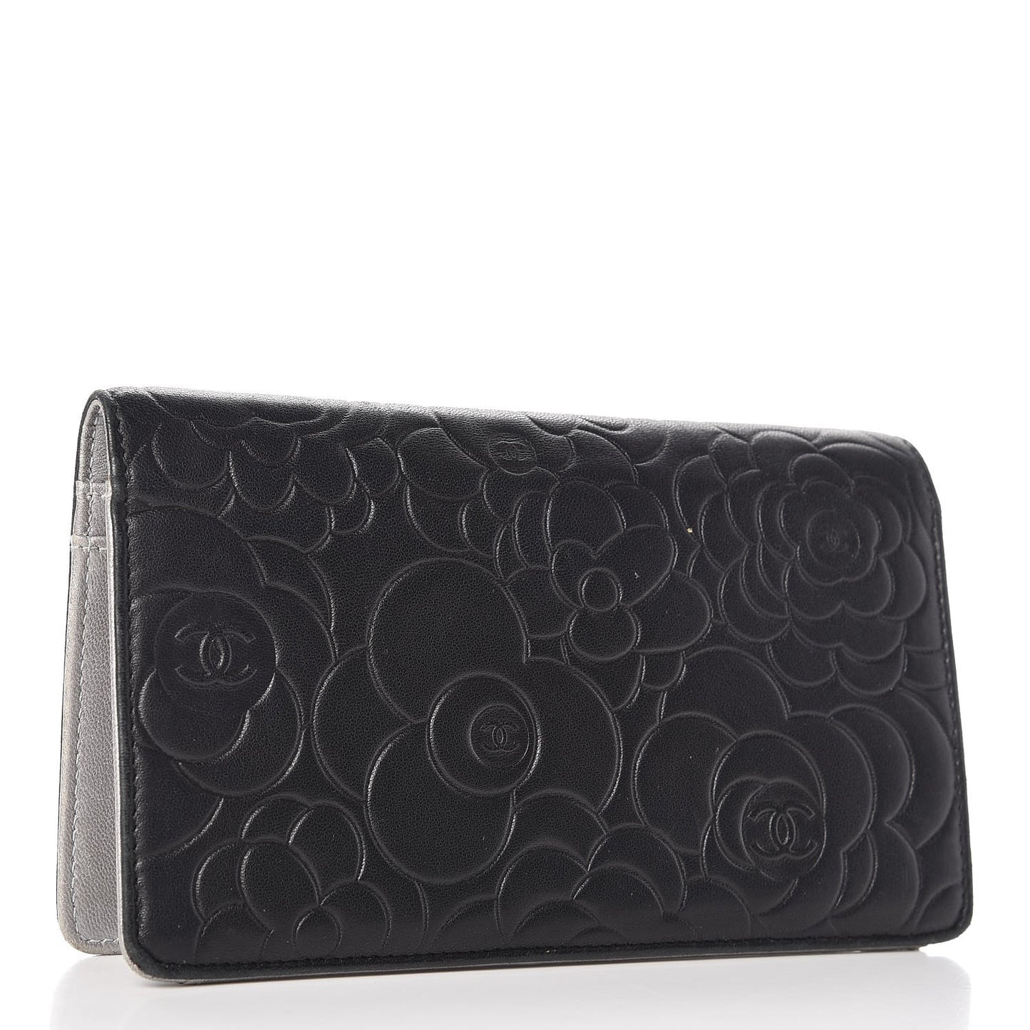 Lambskin Camellia Embossed Yen Wallet Black