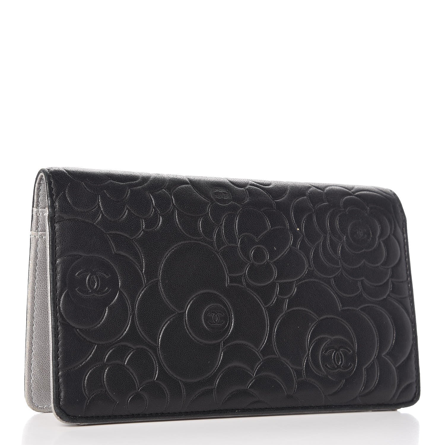 Chanel Lambskin Camellia Embossed Yen Wallet Black 3 of 15