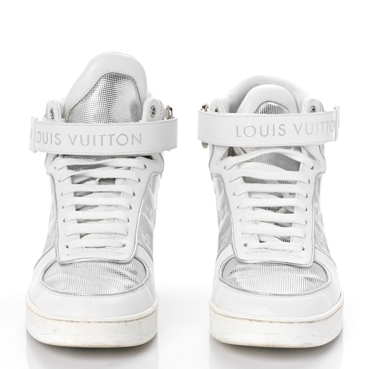 Metallic Calfskin Embossed Monogram Boombox Sneakers 38 White Silver