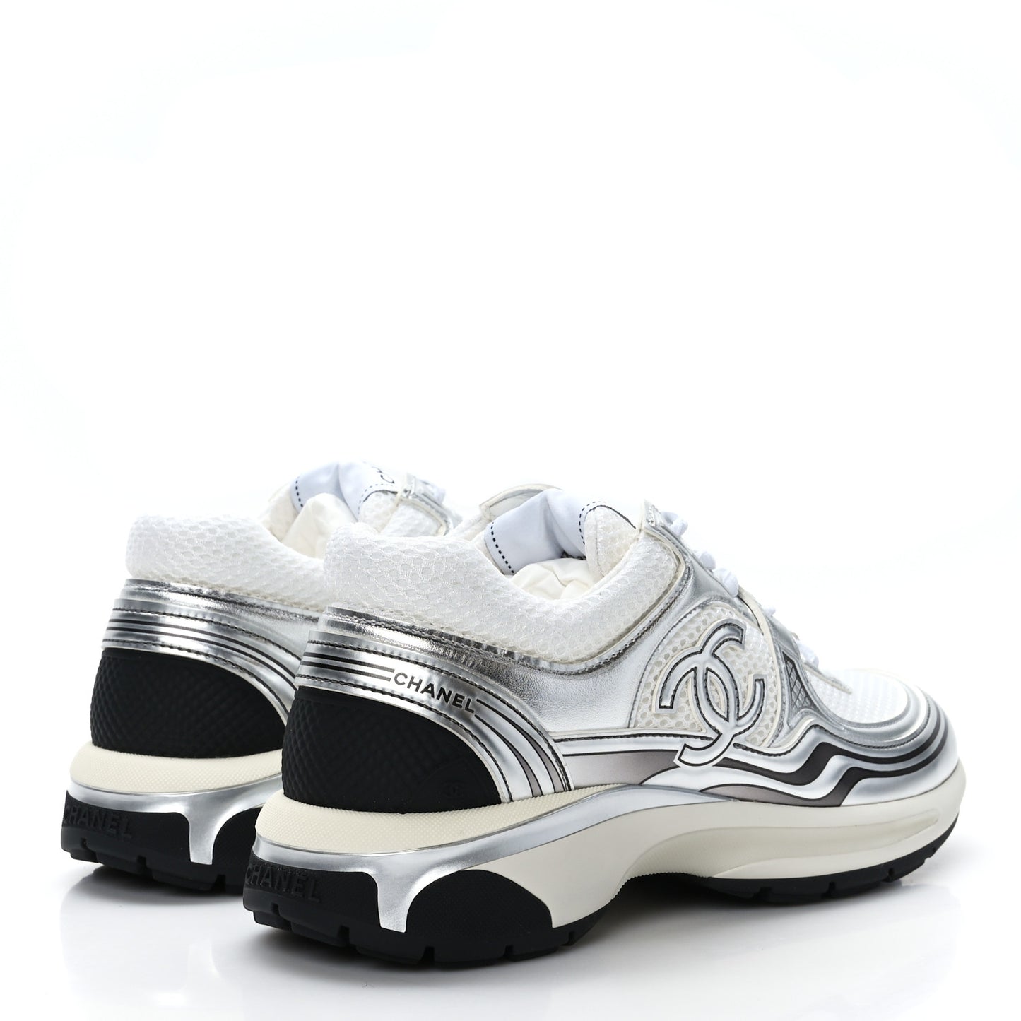 Fabric Laminated Calfskin Stretch CC Sneakers 36.5 White Silver