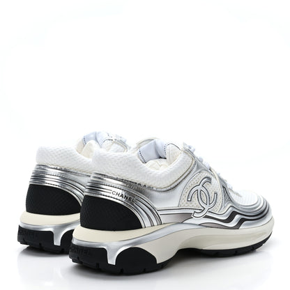 Chanel Fabric Laminated Calfskin Stretch CC Sneakers 36.5 White Silver 4 of 8