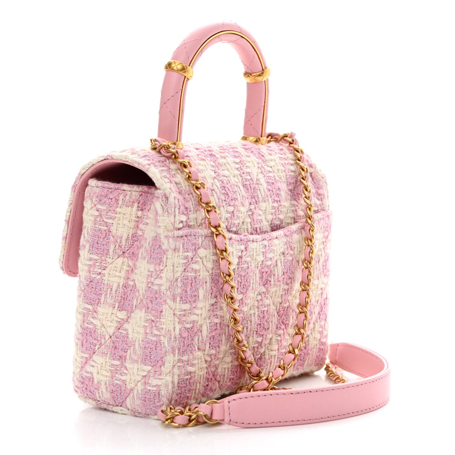 Tweed Handle Crush Top Handle Flap Bag Pink Ecru
