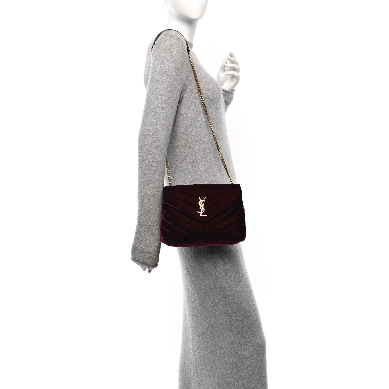 Saint Laurent Velvet Y Quilted Monogram Small Loulou Chain Satchel Burgundy 2 of 10