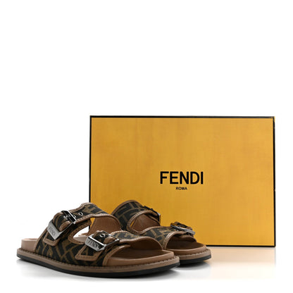 Fendi Fabric Jacquard Nappa FF Mens Fendi Feel Buckled Slide Sandals 5 Tobacco Black Miele Scuro 10 of 10