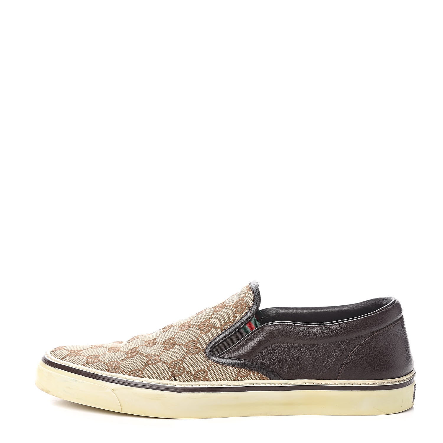 Gucci Monogram Calfskin Mens Web Slip On Sneakers 13 Chocolate 1 of 11