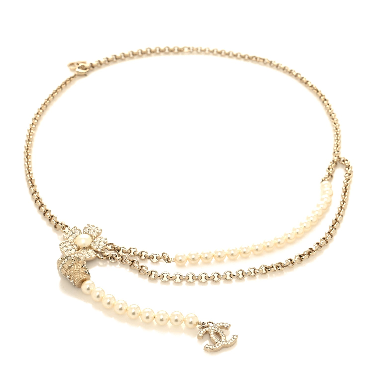 Chanel Pearl Crystal Camellia Chain Belt Gold White 1 of 5