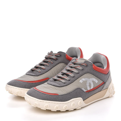 Chanel Nylon Calfskin Suede Womens CC Sneakers 38 Grey Orange 3 of 9