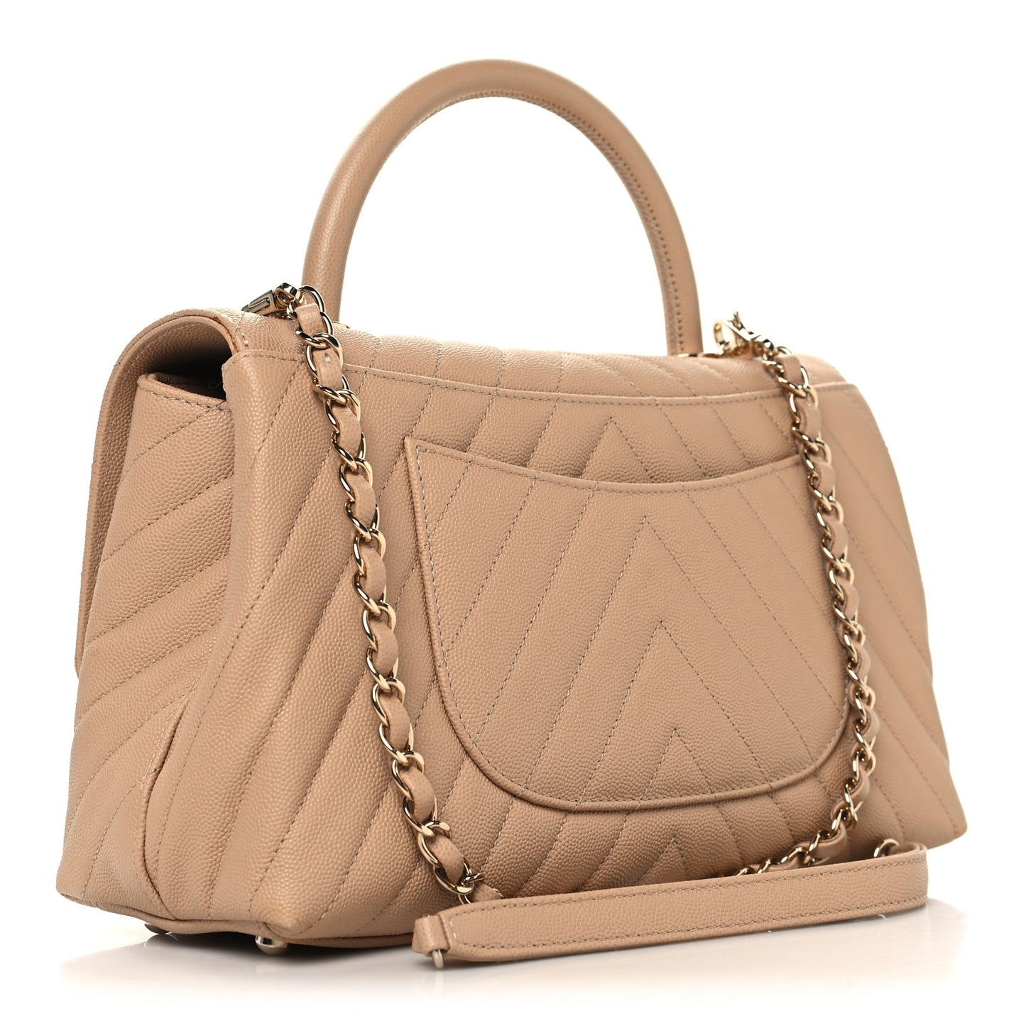 Caviar Chevron Quilted Small Coco Handle Flap Beige