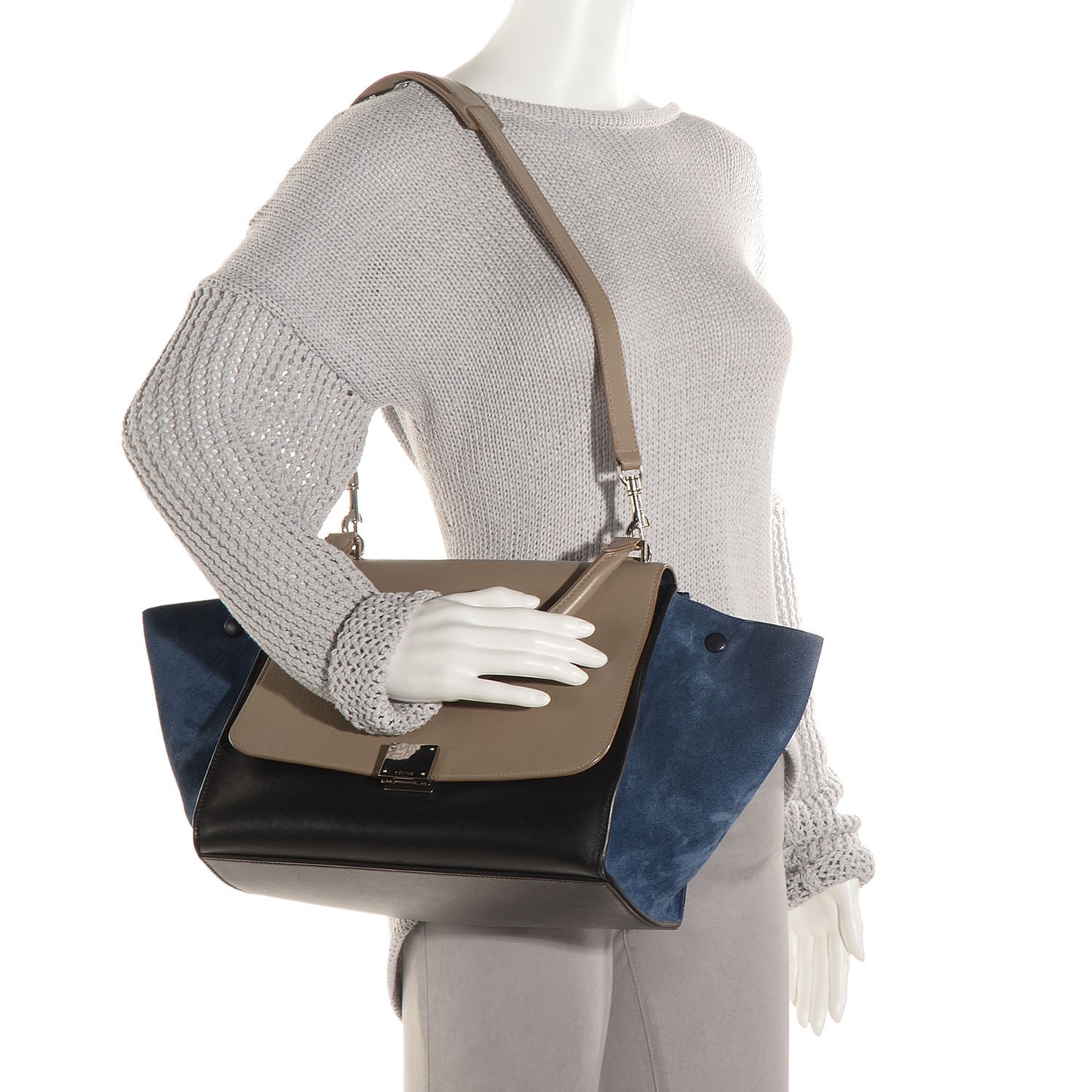 Textured Calfskin and Suede Medium Trapeze Tri-Color Sand
