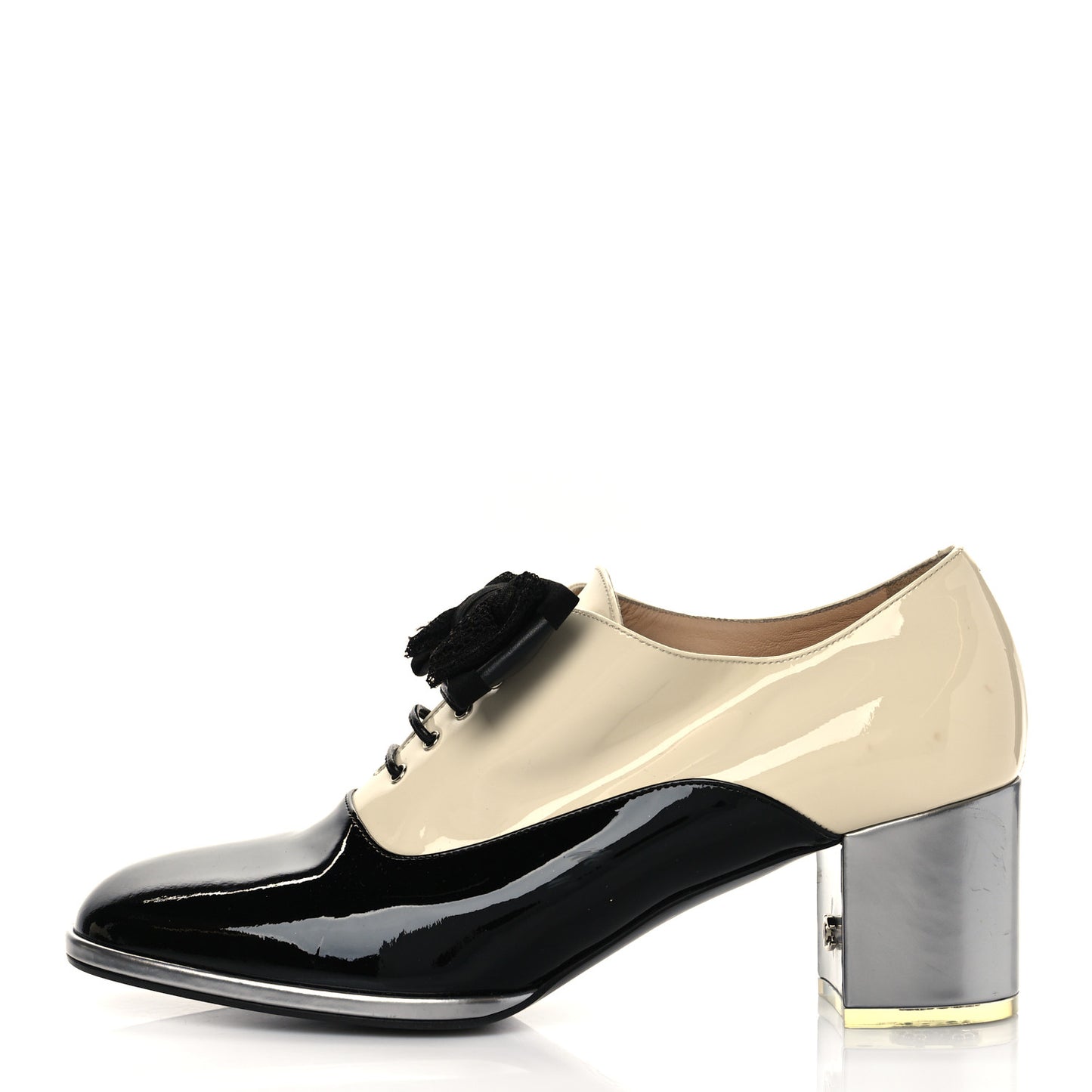 Patent Calfskin CC Bow Lace Up Oxford Pumps 39 Beige Black