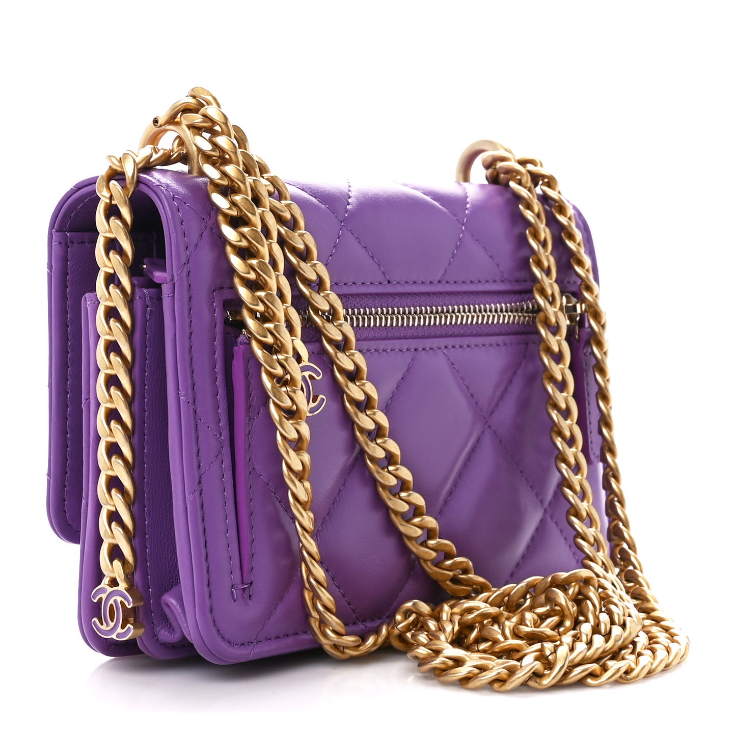 Lambskin Enamel Quilted Pending CC Clutch With Chain Purple