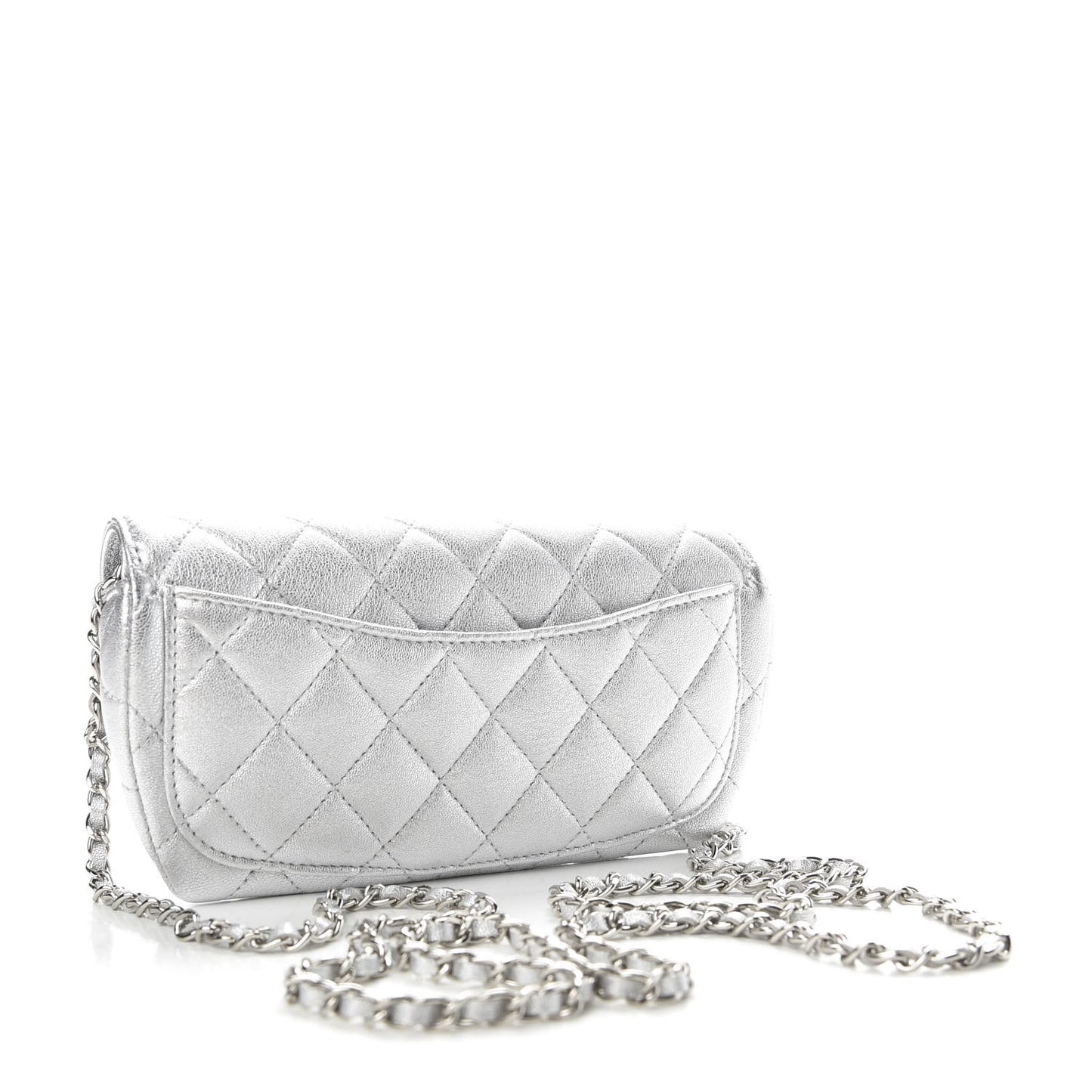 Metallic Lambskin Quilted Glasses Case With Chain Silver
