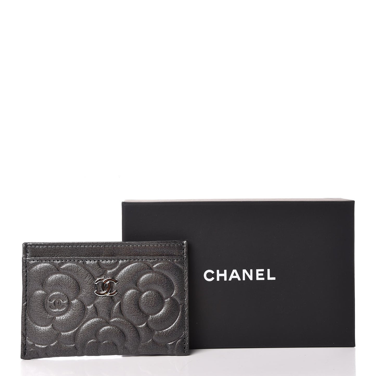 Goatskin Camellia Embossed Card Holder Anthracite