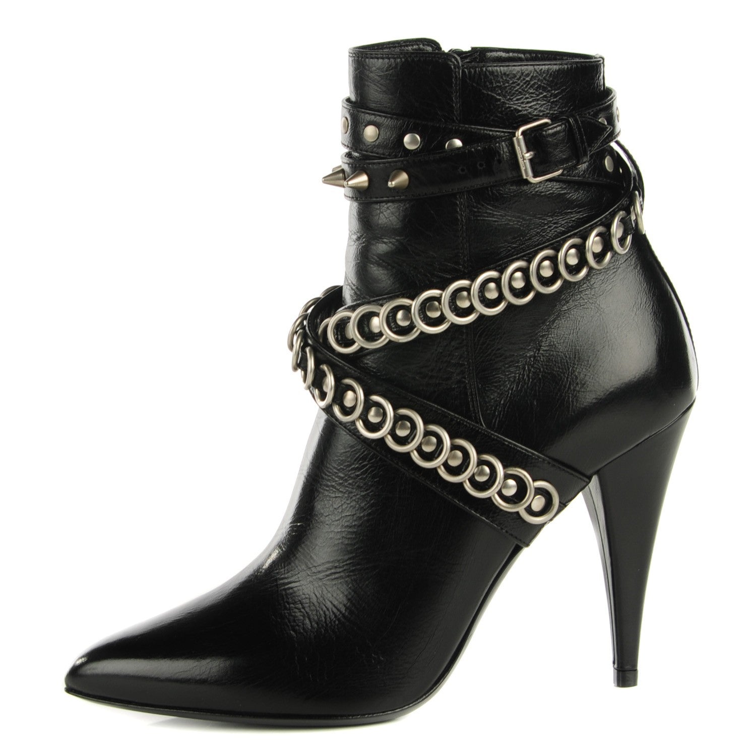 Saint Laurent Shiny Calfskin Multi-Studded Strap Fetish 105 Ankle Boots 36 Black 1 of 8