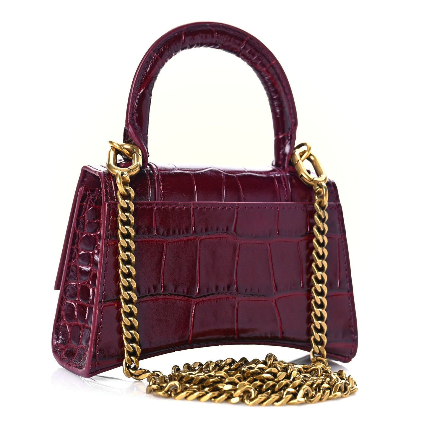 Shiny Calfskin Crocodile Embossed Hourglass Top Handle Bag Mini with Chain Dark Red