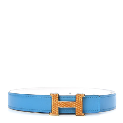 Hermes Epsom Swift Lizard 24mm Mini Constance H Belt 85 Bleu Zanzibar White Sesame 1 of 8